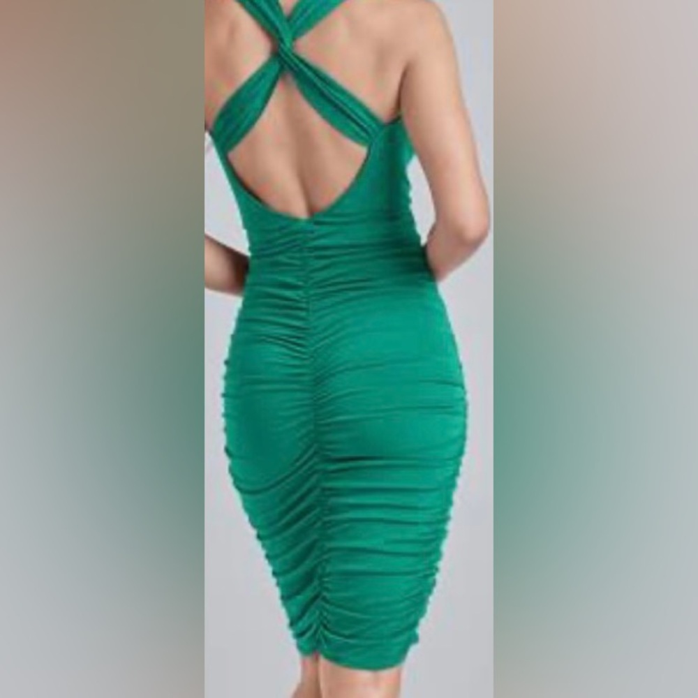 Venus dress, wide shoulder straps for deep V-neck and sexy asymmetrical ruching